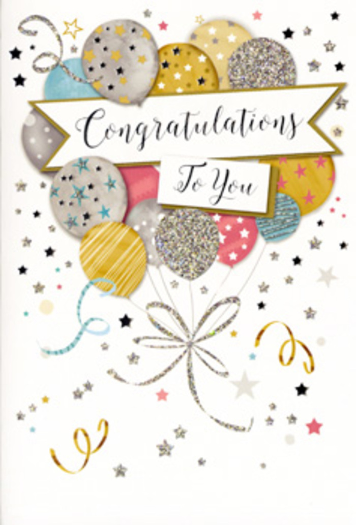 A stylish congratulations card is displayed as the focal point, its design composed like a miniature celebration frozen in time, reminiscent of a chic gathering in one of Wapping's converted warehouse lofts. Dominating the scene is a generous cluster of balloons illustrated in harmonious shades of gold, silver, champagne, rose pink, powder blue, and soft grey. They overlap naturally, some half-hidden behind others, creating depth and the illusion that they are gently pressing together as they rise. Each balloon is intricately detailed: some shimmer with glittering star motifs, others feature fine metallic stripes or dotted accents, catching the light as though dusted with stardust. All are anchored by slender, curling strings rendered in gold and silver lines that trail downwards and twist into loose, celebratory spirals. Around the balloons, tiny stars, arcs of ribbon, and delicate confetti specks scatter across a pale, neutral background, echoing the relaxed yet festive air of a well-planned party. Through the centre of the design, a soft banner stretches horizontally, holding the phrase Congratulations To You in elegant, script-style lettering, the strokes smooth and carefully spaced to convey calm confidence and warmth. As a florist used to helping Wapping families mark big moments with flowers and cards, this artwork feels like a paper counterpart to a refined, sparkling bouquet-perfect alongside lilies or roses sent for graduations, new homes, or promotions. The overall mood is joyful but not loud, polished yet heartfelt, ideal for anyone who deserves to feel truly seen and celebrated in this riverside neighbourhood.