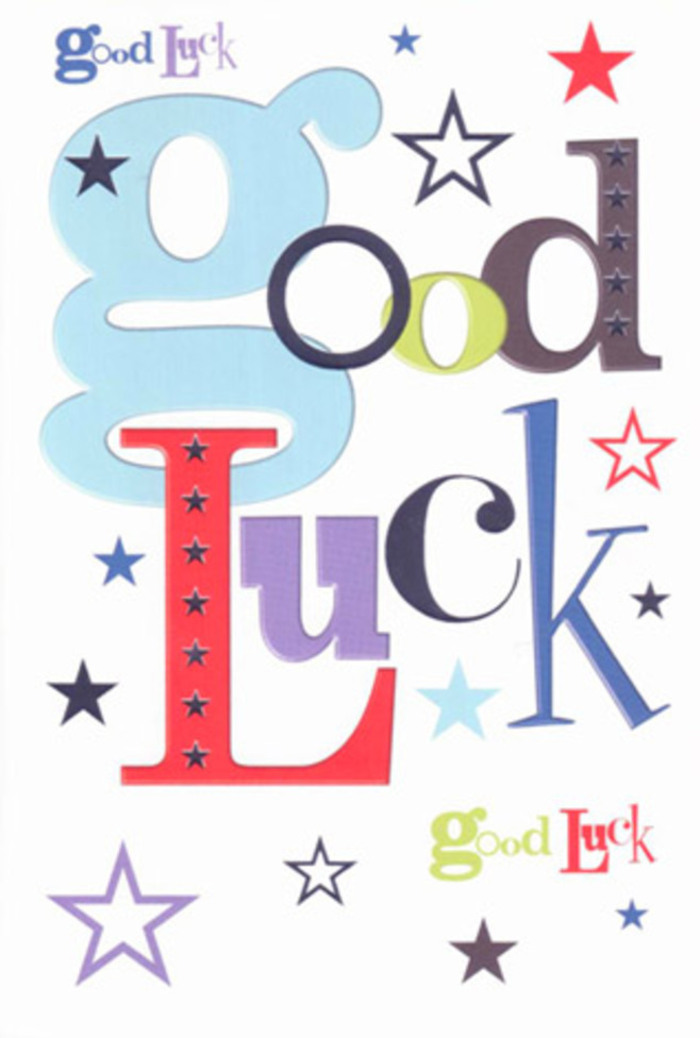 This luck-themed card feels like a tiny celebration in paper form, the sort of design I often see paired with bright, hand-tied flowers heading out across Wapping for exam results, new jobs and first days in unfamiliar roles. Spread across a pure white background, the words Good Luck are arranged in a lively, slightly off-beat composition where each letter claims its own space. A wide, pastel-blue character leans confidently beside a tall, midnight-black one; an exuberant red letter pops forward with warmth; a mossy green and a deep violet bring depth and a hint of seriousness, as if reminding the sender that this wish truly matters. Between and around these letters, coloured stars dart and dance-tiny five-pointed shapes in navy, royal blue, powder blue, lilac, and the softest lavender. Some stars are sharp and vivid, others ghost-like and pale, giving the impression of movement, almost as though a fresh breeze from the Thames has swirled them across the card. The spacing is generous, so the design never feels crowded; instead, the typography and stars float comfortably in a field of white, creating a clean, modern look that still hums with emotion. The card stock appears thick and smooth, the kind of quality piece that feels reassuringly weighty when you hold it, perhaps while walking home past the old warehouses and converted lofts of Wapping High Street. Although silent, the image gives off the sense of being gently cheered on-like friends gathered along the touchline of a park in Shadwell or by the riverside, clapping and laughing as someone takes a brave step forward into the unknown, supported by colour, kindness and a sky scattered with hopeful stars.