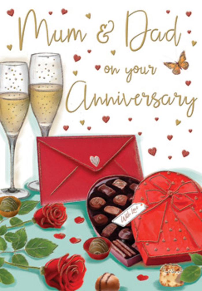 This richly detailed anniversary card illustration conjures the feeling of a lovingly set table in a Wapping flat, prepared to honour Mum & Dad and their years together. At the centre, two slender champagne flutes stand close enough that their rims almost touch, filled with golden, effervescent bubbles that climb delicately upwards as if anticipating a toast. In front of them rests an open heart-shaped box of chocolates, its curved edges outlined in warm tones, with each chocolate carefully drawn, some rounded, some squared, all arranged in a neat pattern that suggests thoughtful indulgence. A bold red bow, tied with generous loops and trailing ends, encircles the box, echoing the rich crimson hue of the roses that lie nearby. The two red roses are luxuriant and full, with velvety petals unfurling in layered spirals, contrasted by fresh, glossy green leaves that look as if they've just been selected from a florist's bench at Flowers Wapping. Beside them, a scarlet envelope rests slightly askew, sealed and quietly hinting at handwritten words full of gratitude and affection. Floating above and around this arrangement, tiny hearts in shades of gold and red dance across the background, framing the central anniversary message with a sense of gentle movement. The overall palette of deep reds, warm golds, and creamy highlights feels like the evening light along the Thames Path, creating a cosy, celebratory atmosphere that speaks of shared memories, long-lasting love, and family moments treasured in the heart of Wapping.