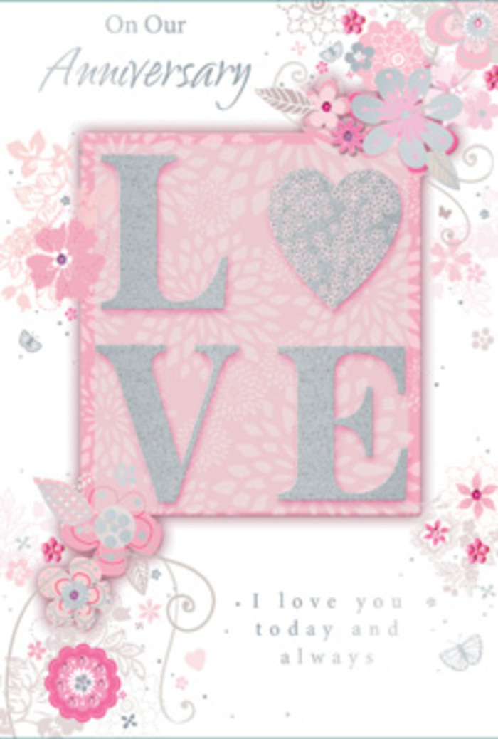 This anniversary card opens like a soft whisper of devotion, its design reminiscent of a delicate bouquet prepared in a small Wapping florist's shop for a long-married couple. At its heart, the word LOVE stands proudly in raised, frosted glitter, each letter defined yet softened by a halo of blush pink behind it. The glitter is fine and luminous, shimmering like tiny crystals of morning frost on rose petals. The background is a gentle gradient of pinks and pearly whites, giving the impression of light streaming through voile curtains in a riverside apartment overlooking the Thames. Around the central motif, hand-drawn blossoms and foliage drift across the card in airy clusters, their shapes slender and elegant, with petals suggested by fine, sweeping lines rather than heavy blocks of colour. These flowers, tinted in shades of blush, lilac, and ivory, bring to mind the refined palettes chosen for anniversary bouquets delivered around Wapping, from Tobacco Dock to the quiet residential lanes. Interlaced with the florals are delicate flourishes, tiny swirls, and subtle butterfly silhouettes that feel like the flutter of a heart or the gentle movement of leaves in a river breeze. The sentiment, I love you today and always, sits in understated, graceful type, echoing the enduring promises couples make year after year. The matte-satin finish of the card contrasts beautifully with the delicate sparkle of the raised letters, adding a tactile richness comparable to running a hand over layered petals and greenery. Altogether, the piece feels like a hand-tied arrangement translated into paper, thoughtfully composed and tender in mood, perfect for honouring years of shared life in and around Wapping.