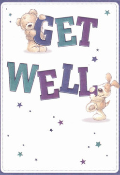 The cheerful scene adorning this get well card effortlessly captures the uplifting character of Wapping. An endearing teddy bear perches above the word 'GET', the gentle texture of its fur evoking the tactile comfort of a fresh arrangement crafted by a local florist. Below, a lively puppy props up 'WELL' with a playful nuzzle, its velvety ears and wide, hopeful grin radiating joy and reassurance. Vivid starbursts scatter across the smooth, white background, their shimmering shades of indigo and teal reminiscent of the peaceful hues seen along the riverside parks at twilight. The bold block letters leap with spirited confidence, conjuring a small celebration out of a simple message. There's something utterly sincere in the way these characters interact-the care and warmth conveyed through a shared glance, much like the personal touches added to every bouquet delivered in and around the historic streets of Wapping. The overall feeling is one of lightness and gentle encouragement, every detail crafted to offer emotional support and a touch of brightness to those in need of recovery. Sending this card alongside a locally arranged bouquet, one offers not just a wish for wellness, but a momentary escape into a world where kindness and innocence prevail.