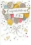 In this image, a beautifully designed congratulations card stands upright, its artwork as light and jubilant as balloons lifting into the sky above the Wapping waterfront. The central focus is a generous bouquet of illustrated balloons clustered together, rendered in muted metallic tones of gold, silver, champagne, soft blush pink, sky blue, and gentle grey. Each balloon is unique, decorated with sparkling stars, tiny dots, or slim glittering stripes, giving the impression of texture and shine as though you could almost feel the raised ink beneath your fingertips. They are tied together with swirling strings in gold and silver that loop and curl gracefully, suggesting a playful movement, like ribbons catching a breeze along the Thames Path. Surrounding the balloon cluster, small metallic stars, curling streamers, and scattered confetti motifs drift across a pale, softly glowing background, evoking the joyful chaos of a celebration paused at its happiest moment. Through the centre floats a slender banner bearing the words Congratulations To You in flowing calligraphy, the script elegant and welcoming rather than formal. The overall feeling is of warm, sincere celebration-a design that would pair perfectly with a hand-tied bouquet arriving at a Wapping townhouse, a riverside apartment, or a small office on a side street off Wapping Lane. It's an image that captures pride, happiness, and affection all at once, making it suitable for milestones of every kind, from exam results and promotions to new chapters that deserve to be honoured with both flowers and thoughtfully chosen words.