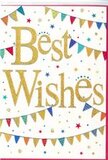 This congratulatory card glows with a sense of festivity, yet it remains polished and tasteful, like a carefully planned celebration in one of Wapping's riverside cafés. In the middle, the words Best Wishes sweep confidently across a white background in gleaming gold script. The lettering appears slightly raised and glittered, so you can imagine it catching both light and fingertips, adding an almost tactile richness. Surrounding this warm message, curved lines of bunting stretch across the top and bottom edges, creating soft arcs reminiscent of decorative flags strung above a community event near the Wapping riverside walk. Each small pennant is distinctly coloured-vivid reds, deep blues, grassy greens, sunny yellows, and splashes of pink-some filled with stripes, some with dots, others with tiny patchwork patterns, making every flag feel cheerfully unique. Between the bunting, little star shapes and scattered confetti dots appear in harmonious shades that echo the flags, as if frozen in the moment of being thrown into the air in celebration. The clean white backdrop keeps the overall design bright and uncluttered, letting the gold lettering and colourful bunting stand out with clarity. It is easy to imagine this card accompanying a bouquet sent to congratulate someone on a new job in the City, a move to a flat near Wapping Station, or another treasured milestone. The mood is unmistakably positive-joyful but not gaudy, playful yet still elegant-perfect for sharing heartfelt support, good luck, and warm wishes on any special day in Wapping.