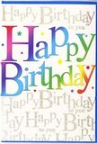 A joyful birthday greeting card stands upright, its design alive with colour and warmth, reminiscent of the lively community spirit around Wapping's riverside pubs and cafés. The central focus is the phrase Happy Birthday, spelled out in large, rounded letters that appear almost cushioned, as if they were made from soft, colourful balloons. Each letter wears its own shade-a bold spectrum that travels from rich cherry red through warm pinks, royal purples, deep blues, and sea-greens to bright lime and mellow yellow. The colours gently blend at the edges, forming smooth gradients that give the impression of carefully brushed inks. Sprinkled around the words are tiny, multicoloured stars and dots, mimicking confetti scattered across a party table or drifting through the air during a joyful toast in a Wapping warehouse loft. Behind the vibrant text, the entire background is veiled in fine golden script, repeating the phrase Happy Birthday to you in flowing, cursive handwriting. This script is rendered in a soft metallic gold that shimmers subtly under the light, adding depth and a sense of luxury without overwhelming the eye. The card's finish appears smooth and slightly glossy, inviting you to imagine the gentle slide of your fingers over its surface as you take it from a local Wapping florist to pair with a bright, celebratory bouquet. The overall effect is one of buoyant happiness and thoughtful design-a card that doesn't just say Happy Birthday, but visually captures the excitement and affection behind the words.
