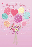 This enchanting birthday illustration shows a bouquet and balloons that look ready to float over Wapping's riverside paths, carrying a message of pure celebration. Set against a soft pink backdrop, a cluster of pastel balloons rises gracefully, each one unique but perfectly in tune with the others. Some are wrapped in candy-coloured stripes, others sprinkled with happy polka dots, while a central heart-shaped balloon adds a tender note of affection, like a secret wish sent skyward from a balcony overlooking the Thames. Their colours-creamy yellow, blush pink, mint, and lavender-are gentle and reassuring, reminiscent of early evening light on the old warehouses near Wapping Station. Below this cloud of colour, a hand-tied bouquet gathers roses and anemone-like blossoms in shades of ivory, blush, and gentle mauve, the petals feather-soft and richly layered. A deep violet satin bow cinches the stems neatly, its sheen echoing the glossy surface of the balloons above. Light seems to pour softly over the entire composition, highlighting the curve of each balloon and the natural glow of the petals, suggesting freshness and care, as if the flowers had just been arranged for a same-day birthday delivery nearby. Tiny stars and delicate butterflies scatter around the bouquet, adding a fairy-tale sparkle without overwhelming the calm sweetness of the scene. The overall feeling is airy, romantic, and joyfully festive, like a birthday morning in Wapping when the world feels a little softer and every small gesture matters.