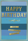 Tastefully designed birthday card with a soothing blue and gold palette, evoking the calm, reflective mood of an early evening walk along Wapping's cobbled streets. The front of the card is composed of wide horizontal stripes that gently shift from deep navy through medium blues to a softer, paler shade towards the bottom, creating a layered ombre effect that feels both modern and serene. Centered across these cool tones, the words HAPPY BIRTHDAY are embossed in bold, capital gold letters. The metallic finish glows softly when it catches the light, suggesting quality without overwhelming the restful background. Directly beneath this central greeting, a refined golden flourish sweeps gracefully from side to side, echoing the curve of traditional calligraphy. Below it, three narrow, golden banners sit one above the other, each bearing a segment of the friendly sentiment: Relax, have a great day and enjoy! A slender gold border runs around the edge of the card, enclosing the design like a simple frame and adding a final touch of polish. The card appears to be made from smooth, substantial stock, with the gold details slightly raised so you could feel the difference under your fingertips. It's easy to picture this card standing beside a vase of seasonal flowers in a Wapping living room, the blues mirroring the nearby Thames and the gold accents gleaming softly, offering a birthday wish that feels both thoughtful and quietly uplifting.