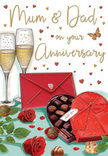 The illustrated anniversary card presents a romantic still life that could easily belong in a Wapping townhouse on a special evening for Mum & Dad. In the foreground, a heart-shaped box of chocolates sits open, its interior lined neatly with rows of truffles in different shades of cocoa, their rounded tops catching soft highlights that suggest a silky, melt-in-the-mouth texture. The box is wrapped in a luxuriant red ribbon, tied into a voluminous bow whose satin folds echo the richness of the chocolates inside. Just behind, two tall champagne flutes stand side by side, filled with gently rising golden bubbles, the transparent glass subtly reflecting the warm tones of the surrounding design. To one side, two sumptuous red roses rest on the tabletop, their petals deep and velvety, surrounded by fresh green leaves that evoke the care of a professional florist familiar with Wapping's taste for classic romance. A striking scarlet envelope lies nearby, closed and perfectly poised as if ready to reveal private anniversary sentiments. Scattered across the creamy background are delicate hearts in crimson and shimmering gold, softly framing the central wording and adding a playful yet elegant rhythm to the card. The light in the scene feels warm and intimate, reminiscent of an evening by the river near Wapping Overground, where the quiet clink of glasses and shared laughter mark another year together. The composition blends romance, indulgence, and gratitude, making it easy to imagine this card accompanying a freshly delivered bouquet on a milestone anniversary.